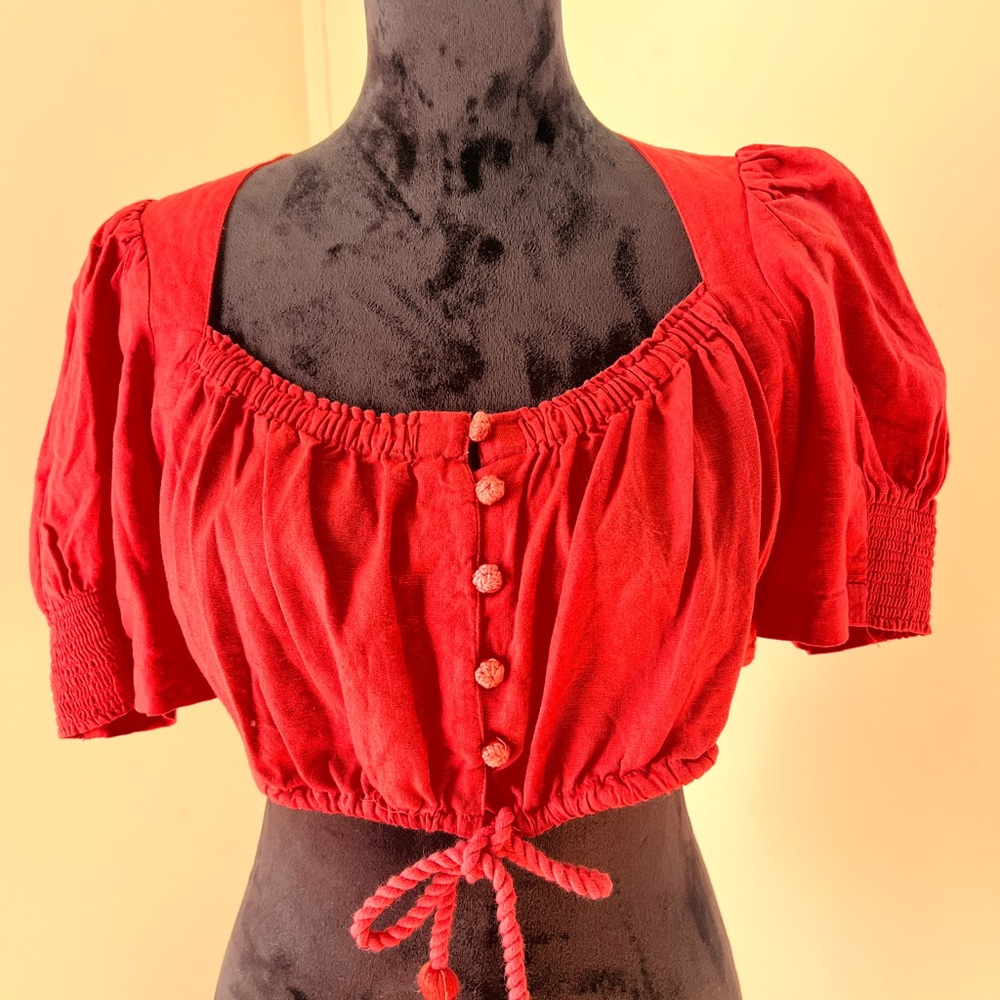 Free People Red Cropped Button-Front Peasant Top
